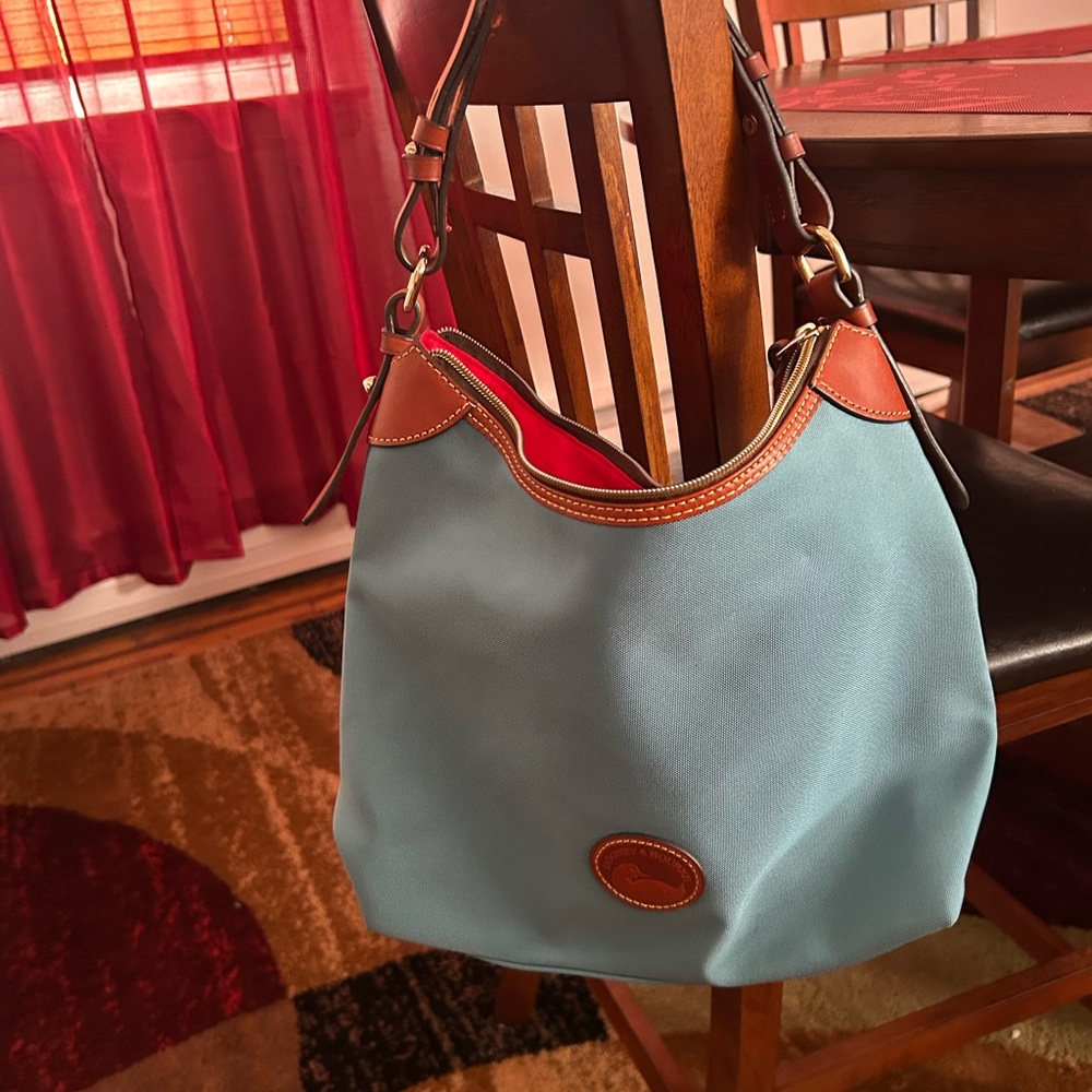 Dooney & Bourke Blue and Tan Shoulder Bag with Leather Accents